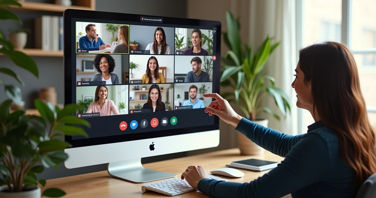 Professor conduz aula online com alunos atentos em telas diversas, ambiente claro e moderno 