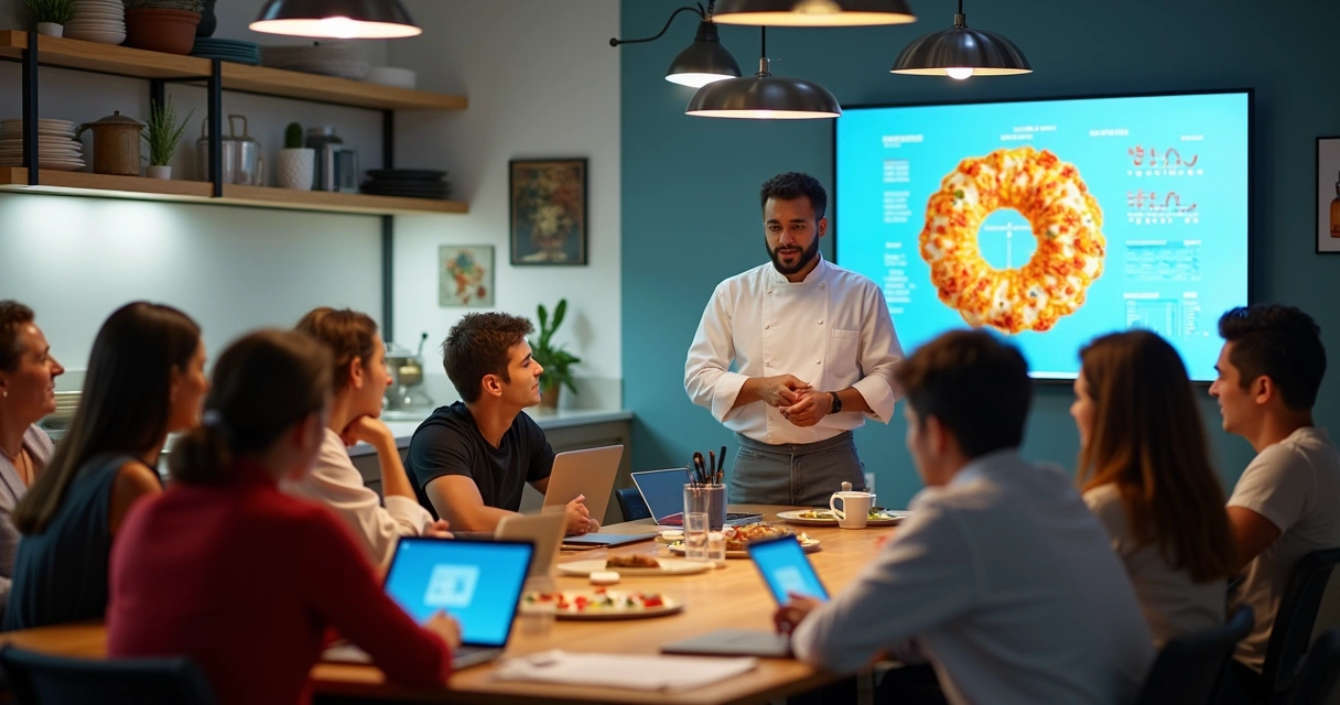 Aula online de gastronomia com chef ensinando receitas e gestão 