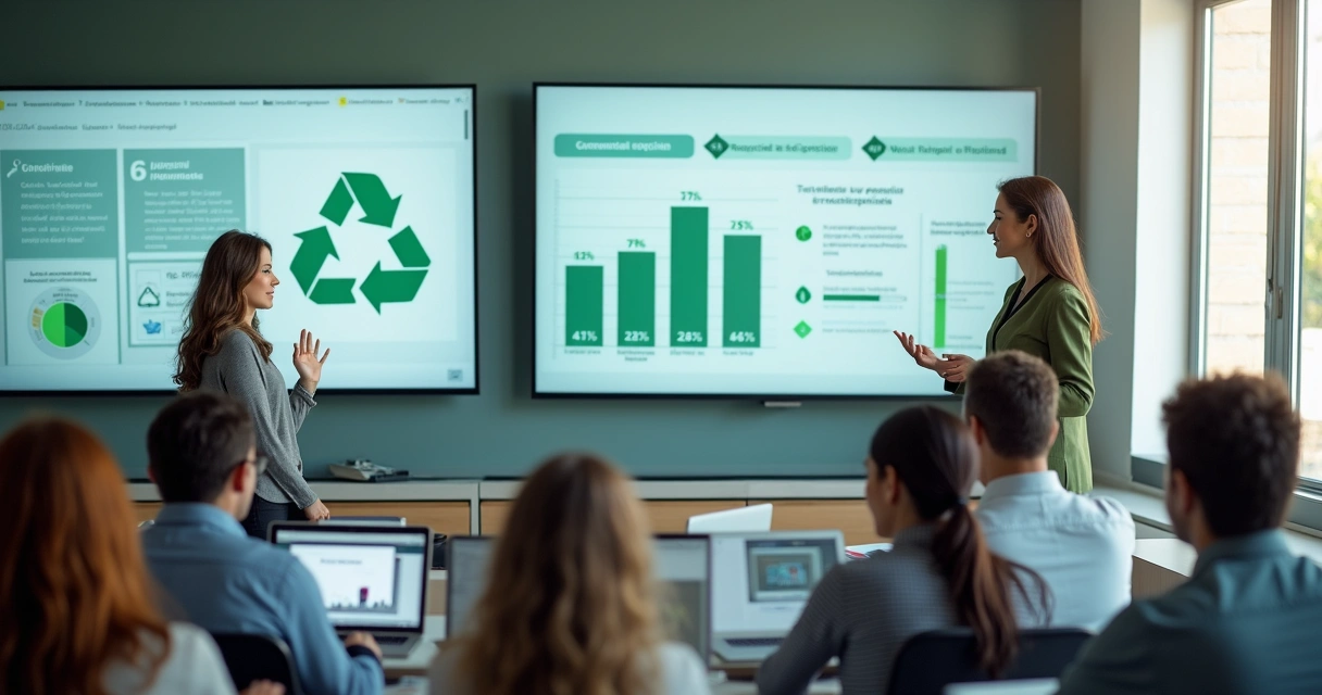 Professor realizando aula online sobre incentivo à reciclagem, tela de computador destacando gráficos e legislação 
