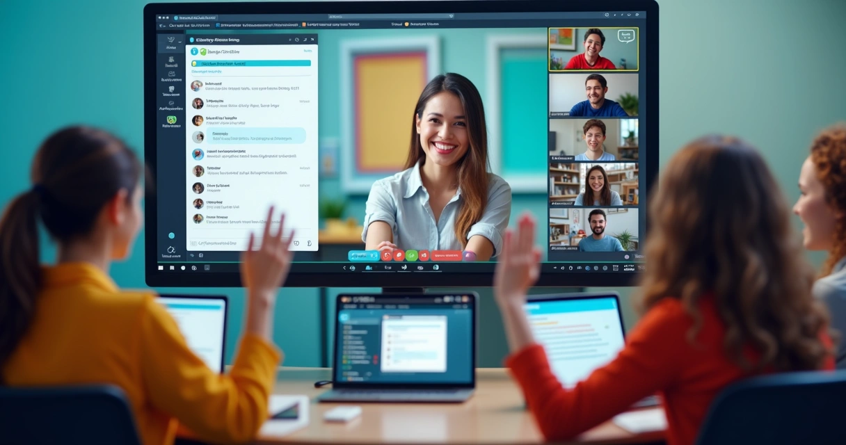 Professor e alunos interagindo virtualmente durante aula online 