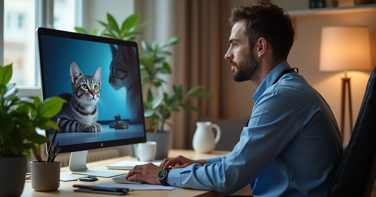 Veterinário assistindo aula online de medicina felina no notebook 