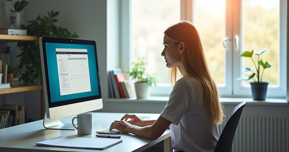 Pessoa organizando plano de estudos online na mesa com computador, caderno e caneta 
