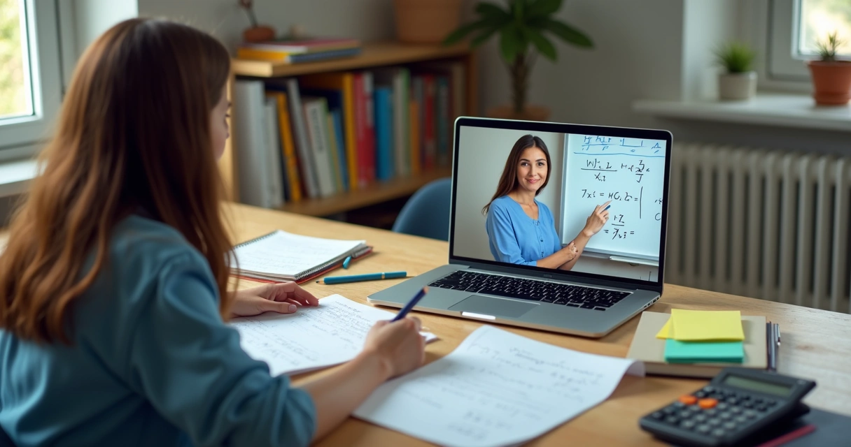 Professor em aula online com estudante revisando exercícios 