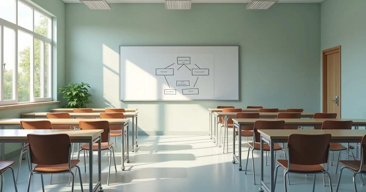 Aula vacía con sillas ordenadas para trabajo grupal 