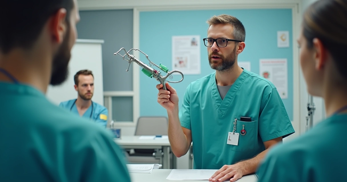 Professor mostrando orquidômetro em sala de aula de medicina 
