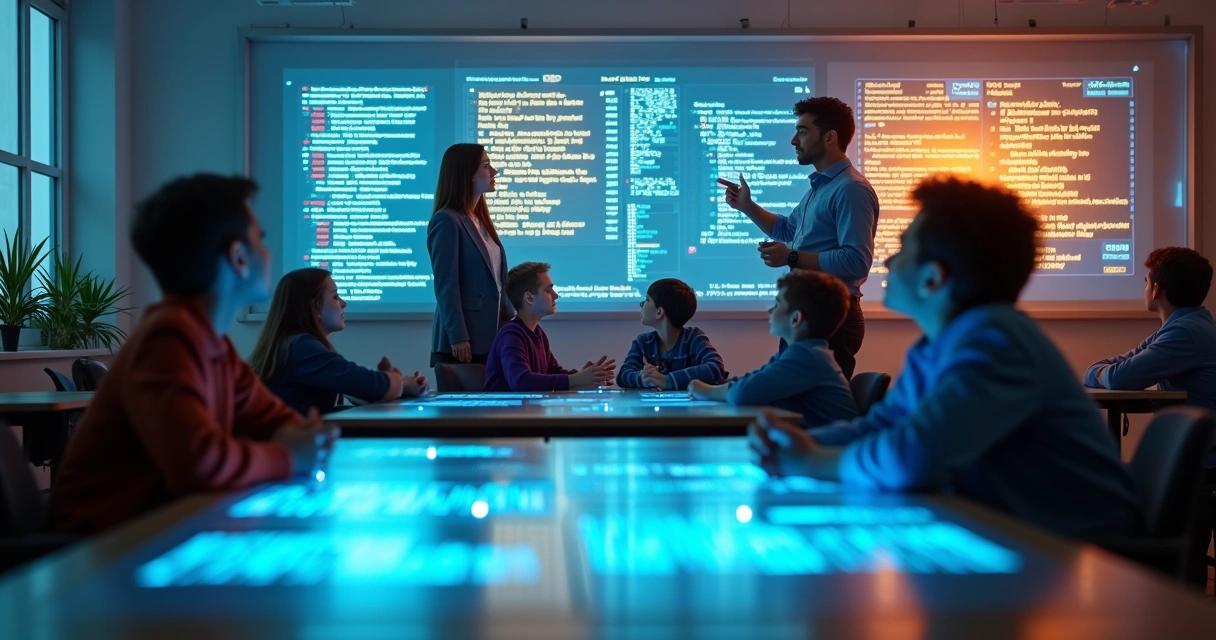 Turma em aula sobre vibe coding interagindo com telas digitais 