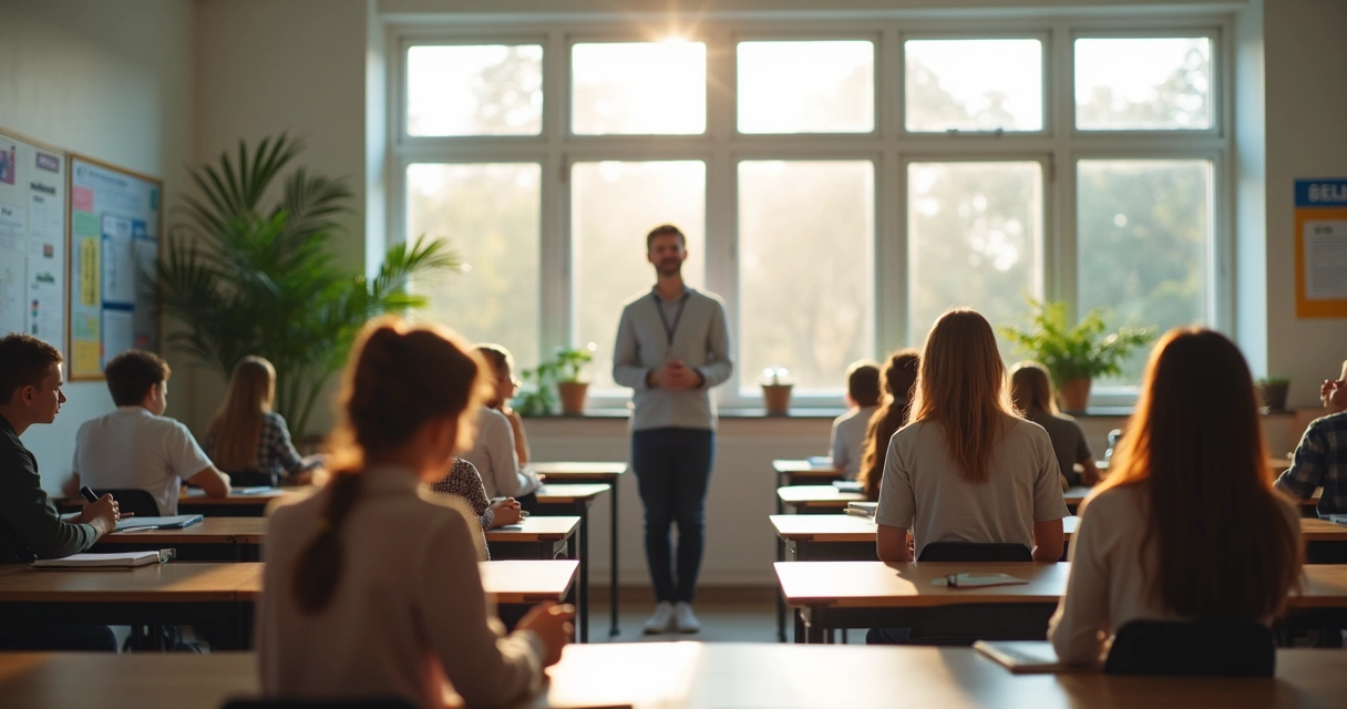 Aula con estudiantes en práctica breve de atención plena