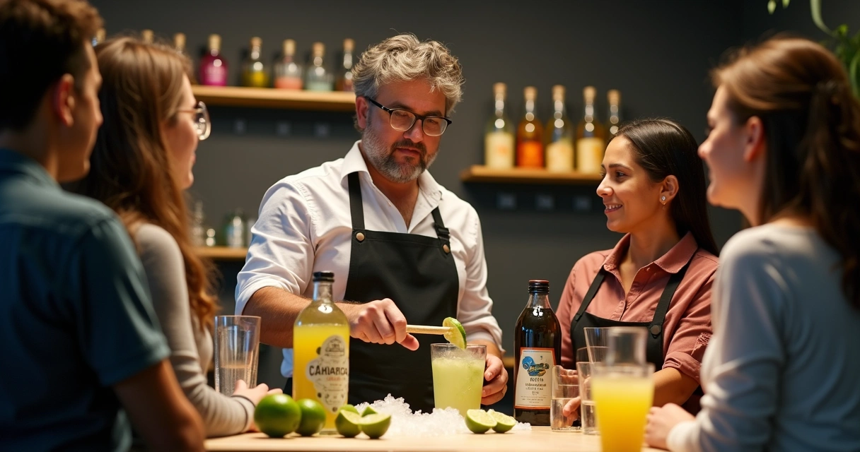 Instrutora explicando preparação de caipirinha para pequenos grupos em aula prática em escola de bar 
