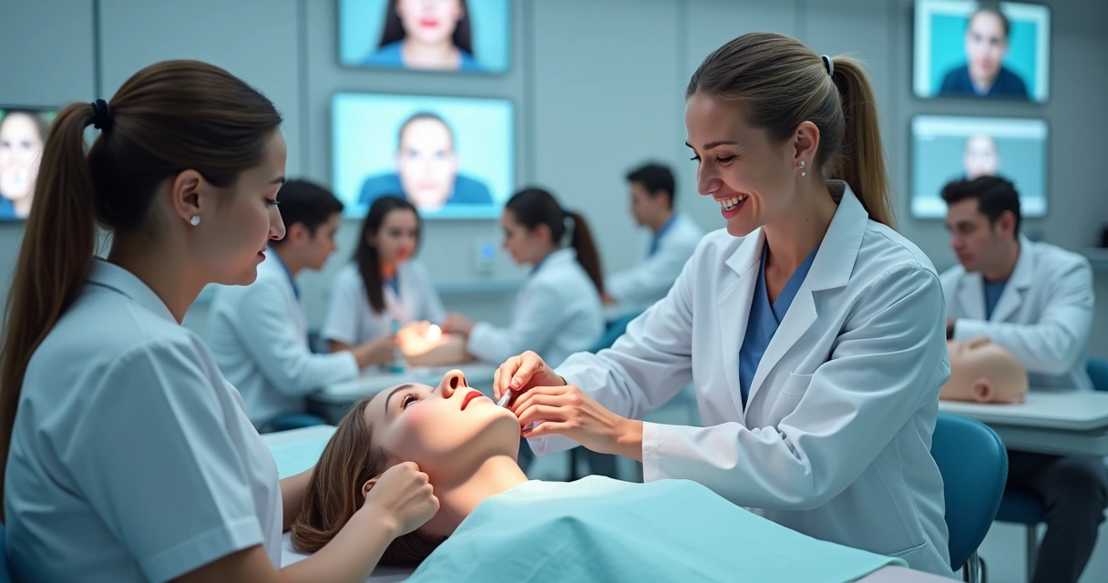 Professor supervisiona procedimento de cirurgia estética orofacial em ambiente clínico moderno 