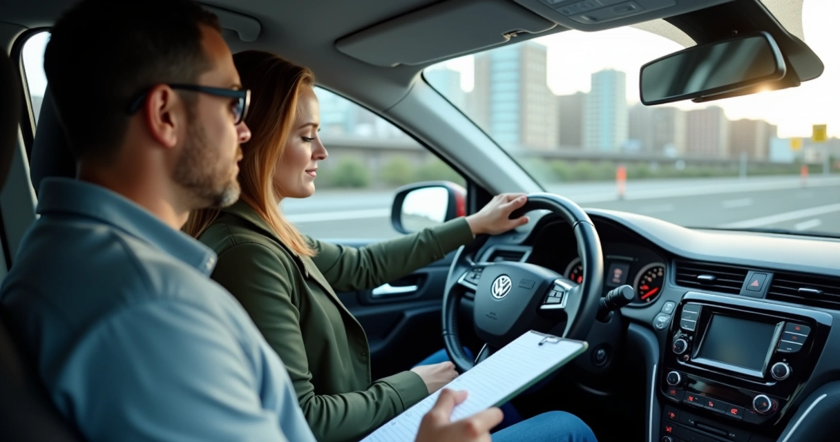 Instrutor autônomo supervisionando candidato na direção, em uma área urbana, ambos atentos ao tráfego