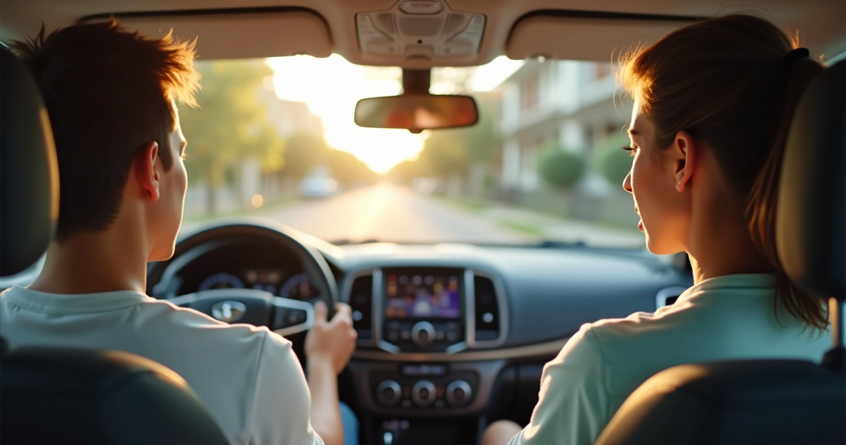 Pessoa em um carro ao lado de instrutor, ambos atentos, área urbana, volante à direita 