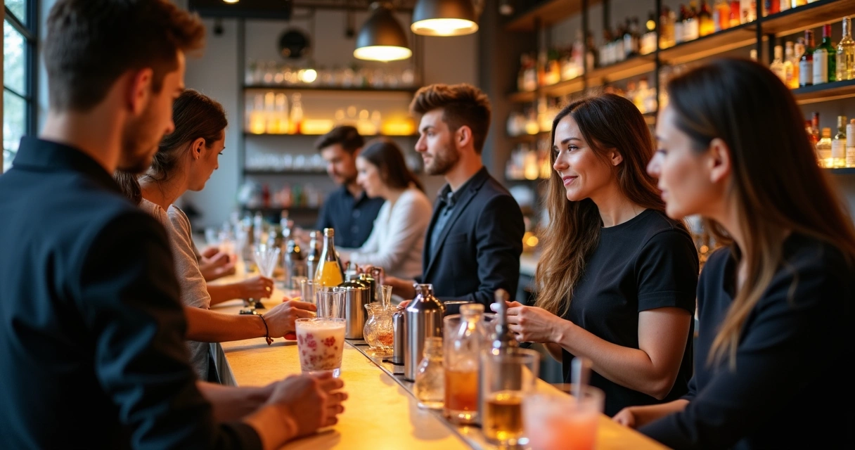 Instrutora dando aula prática de coquetelaria com alunos em bar 