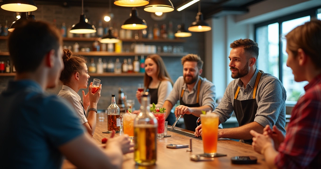 Turma em aula prática de bartender com instrutor orientando alunos 