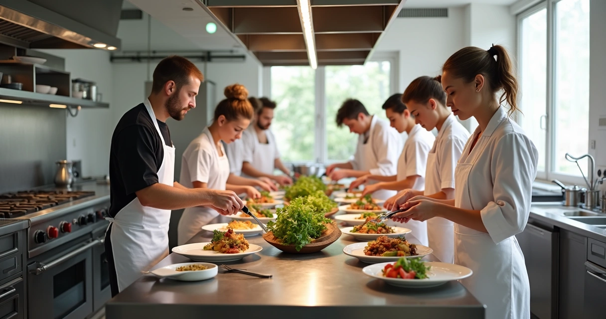 Alunos de culinária em aula prática manuseando ingredientes 