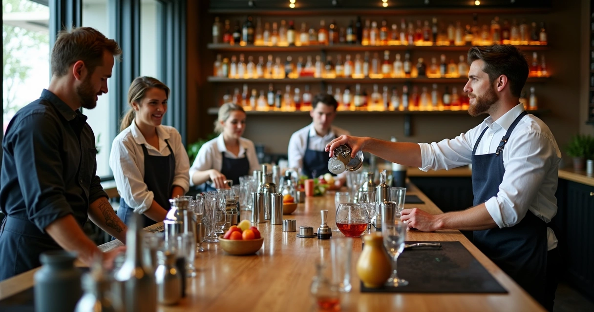 Prática de mixologia em sala de aula com utensílios de bar, alunos e instrutor explicando preparação de drinks 