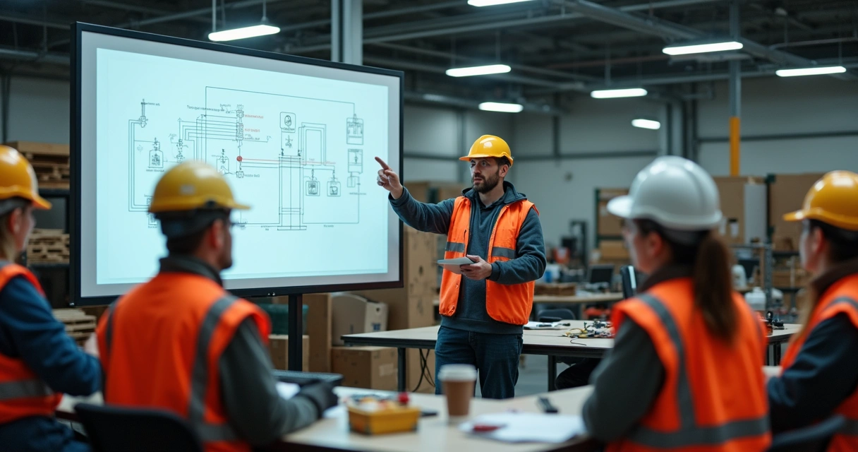 Instrutor e alunos em simulação prática de segurança do trabalho 