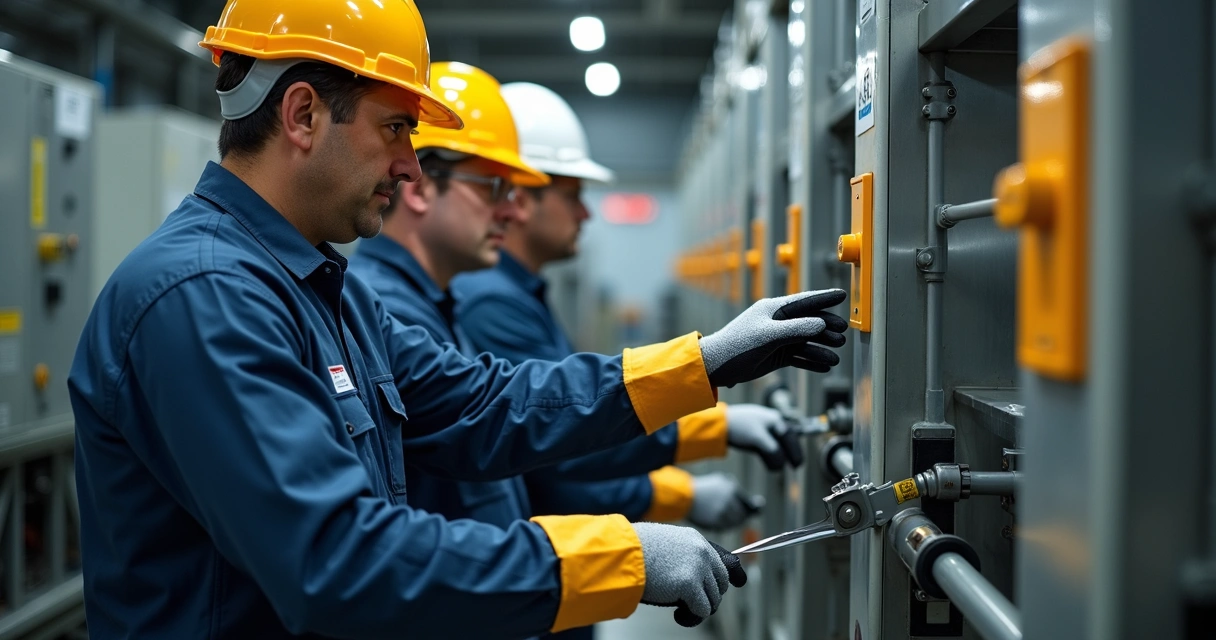 Instrutor fazendo demonstração prática em máquina industrial para alunos 