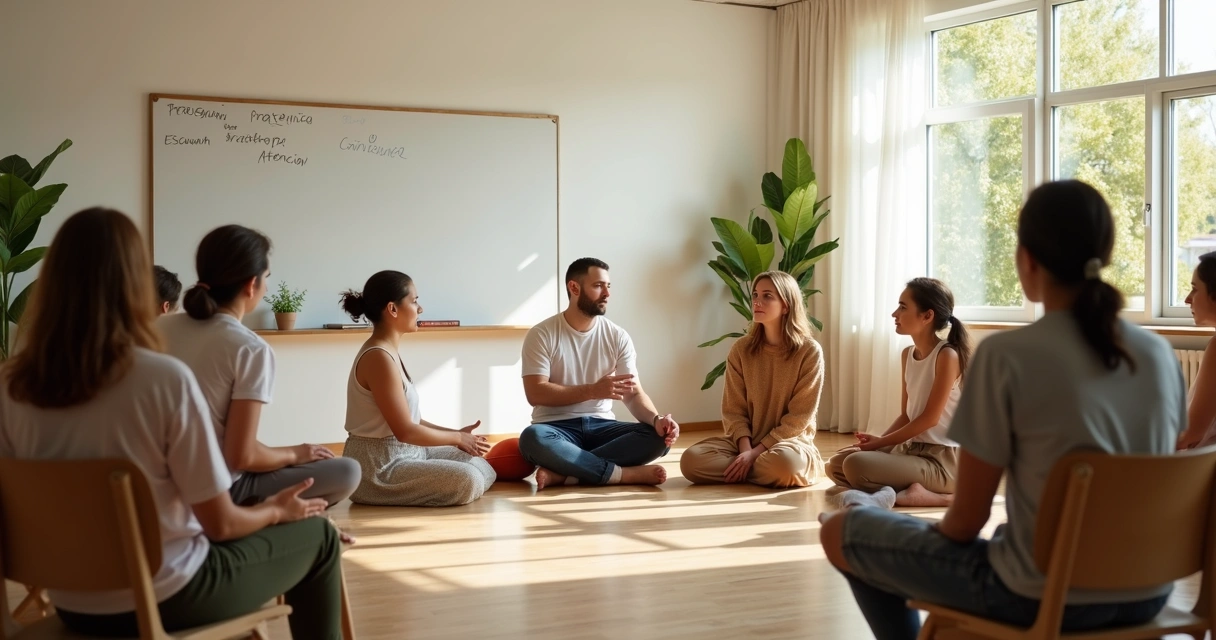 Docente y estudiantes sentados en círculo en un aula luminosa practicando atención plena juntos 