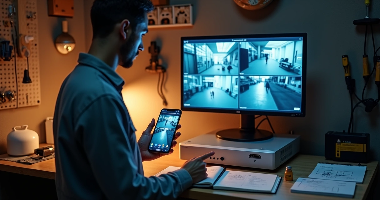 Instalador assistindo vídeo curto de funções avançadas do DVR no smartphone ao lado do equipamento 