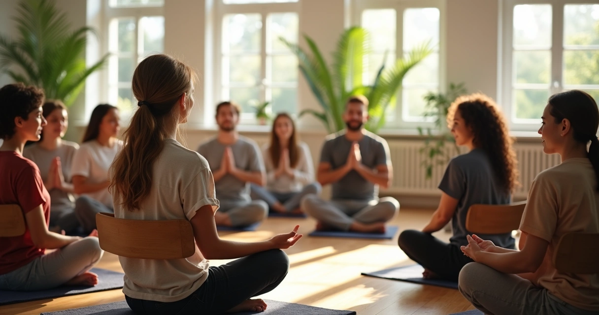 Professor conduz grupo em exercício de respiração consciente em sala iluminada