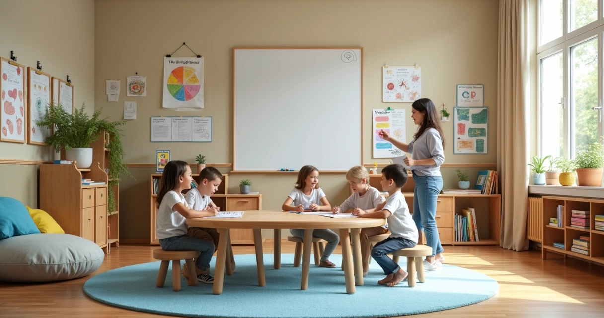 Aula escolar luminosa con rincón de calma y murales de emociones en las paredes 