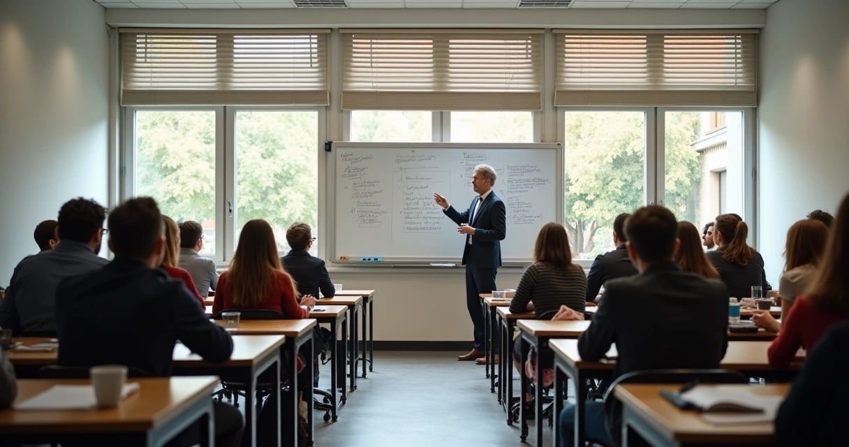 Sala de aula universitária na Espanha com professor e alunos atentos