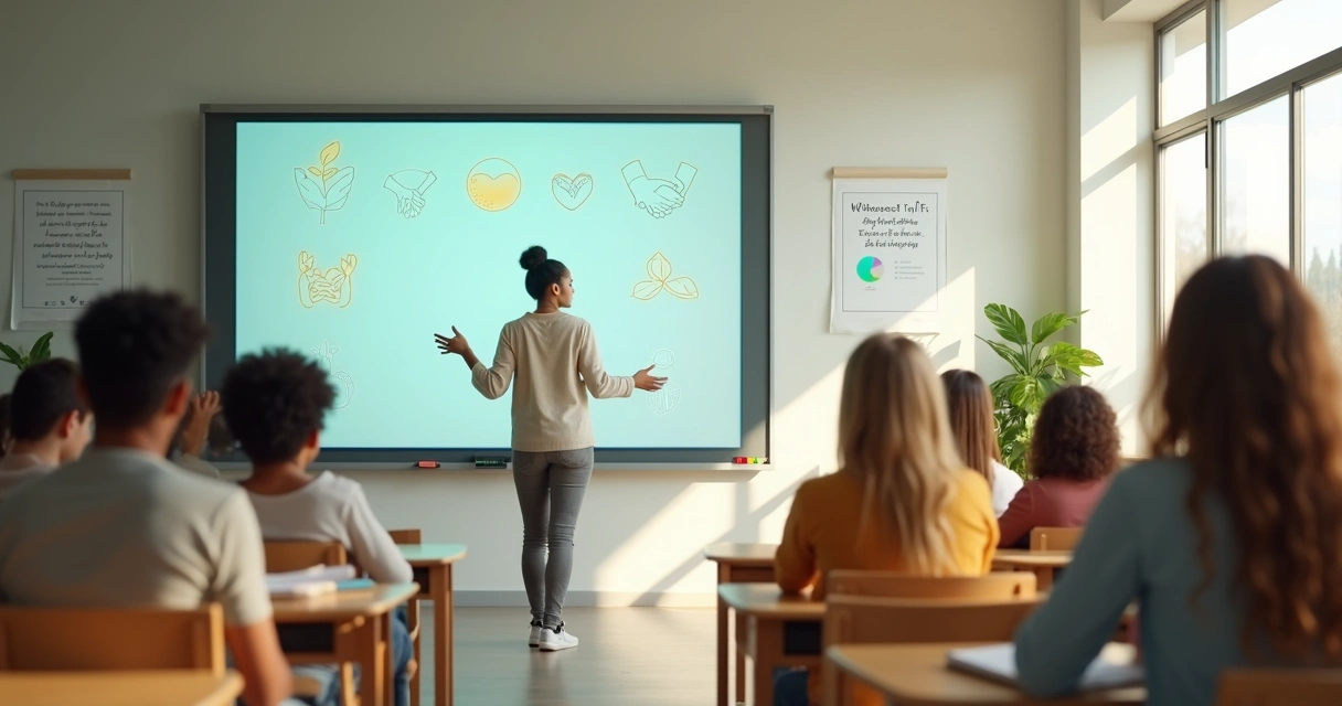 Profesor y estudiantes en aula interactiva con íconos de valores humanos flotando 