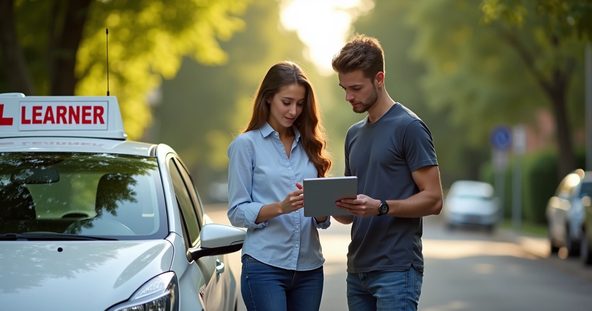 Aluno e instrutor revisando documentos antes de aula no próprio carro