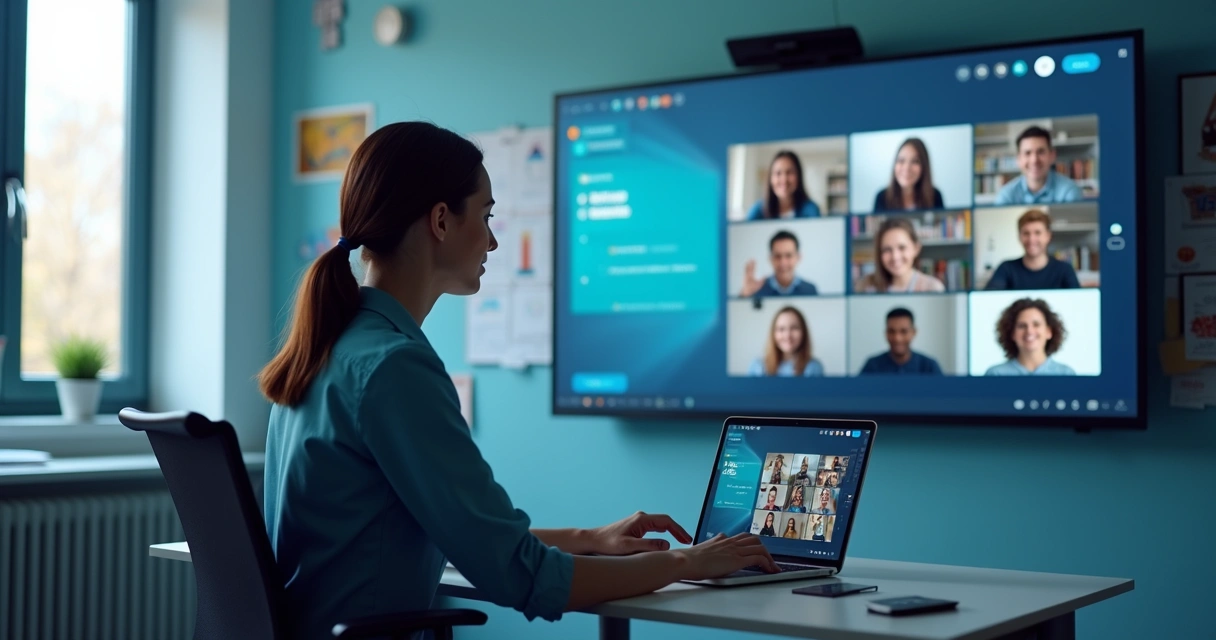 Professor mediando aula online com tela dividida com alunos 