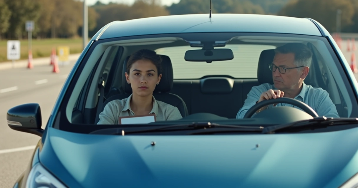 Pessoa realizando exame prático de direção em veículo próprio com avaliador ao lado. 