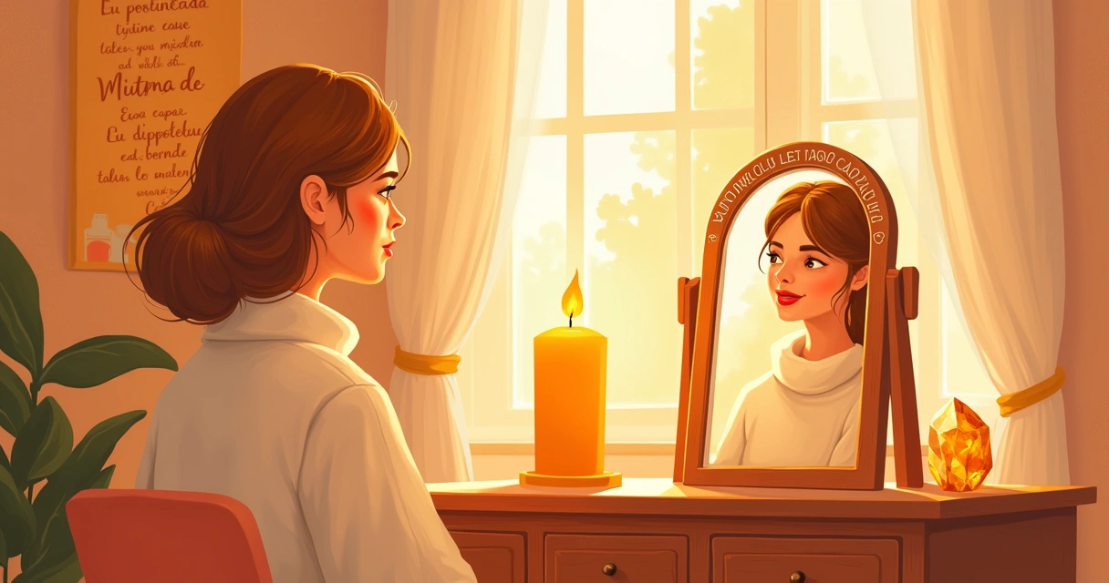 Ilustração de uma pessoa se olhando no espelho, acendendo uma vela laranja e com cristal de citrino ao lado.
