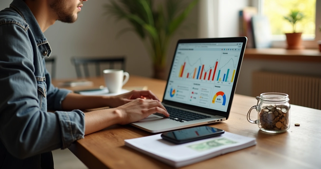 Pessoa jovem organizando finanças em casa com notebook, anotações e cofre de moedas 