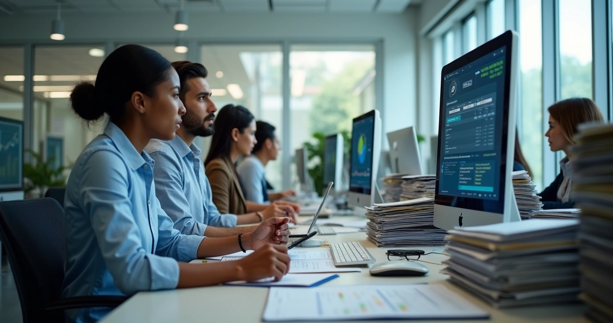 Equipe contábil processando múltiplas demandas automatizadas 
