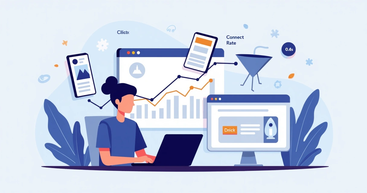 Ilustração de profissional analisando gráfico de connect rate em campanhas Meta 