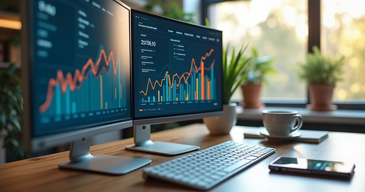 Gráficos de aumento de conversão em tela de computador com estatísticas e dados em um escritório moderno 