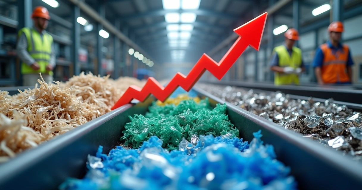 Materiais reciclados separados em esteira com seta vermelha indicando aumento de custos 