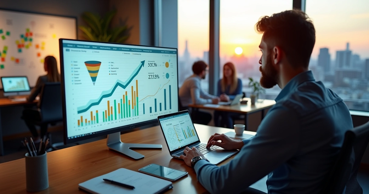 Dono de agência digital analisando gráficos de crescimento de faturamento na tela 