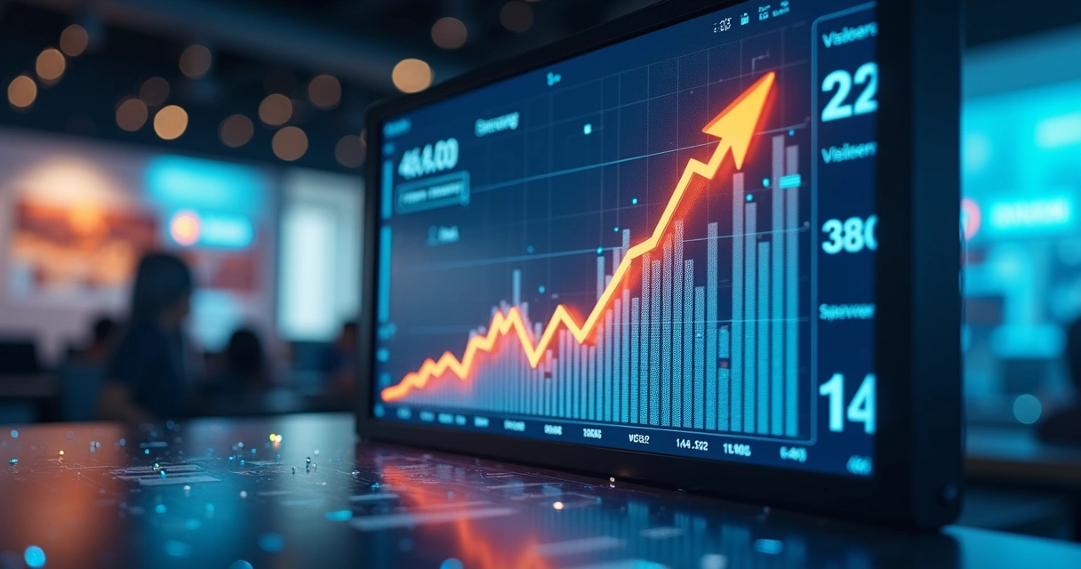 Gráfico de visitas crescendo em site de notícias, com display digital ao fundo 