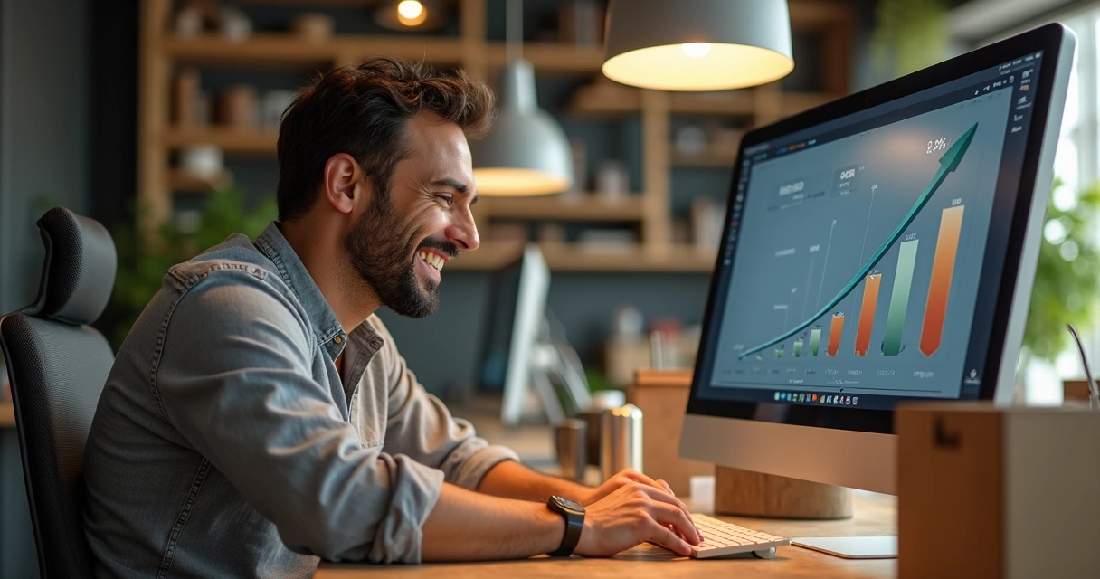 Vendedor feliz mostrando tela de computador com gráficos de aumento de margem