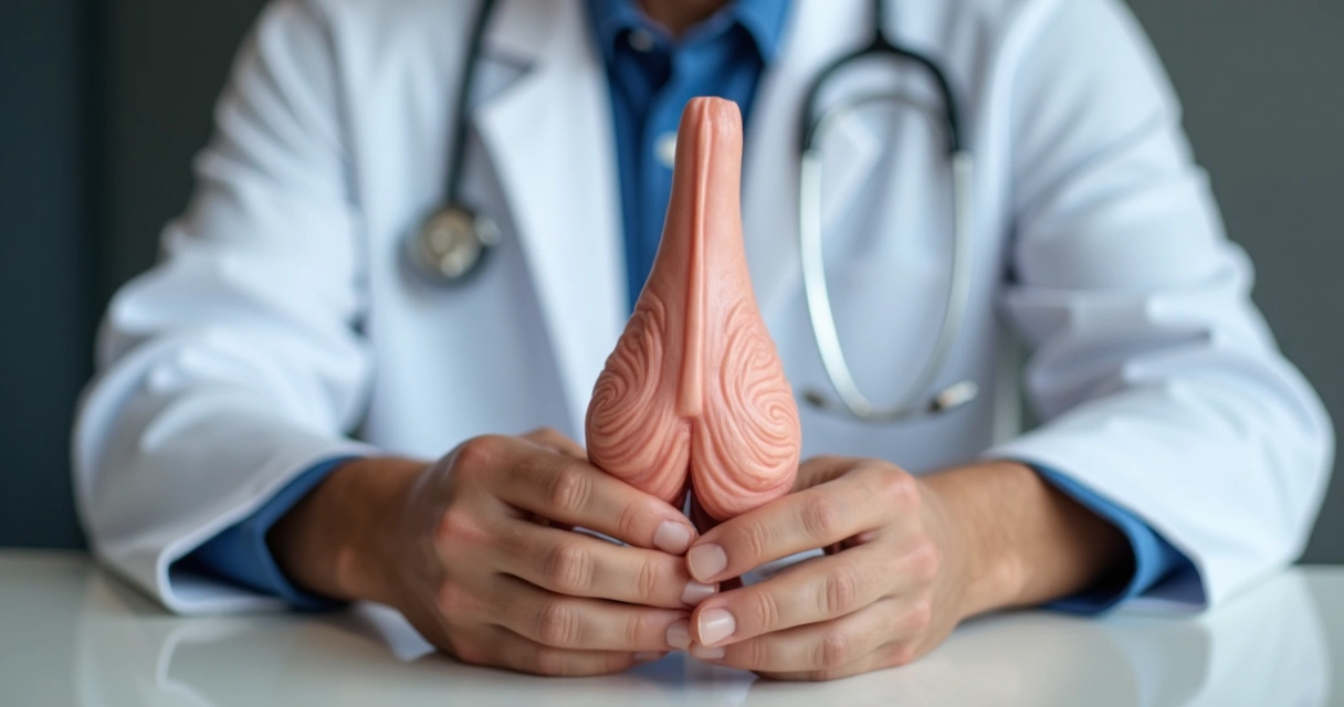 Médico segurando modelo didático do pênis para explicar aumento peniano, mãos sóbrias. 