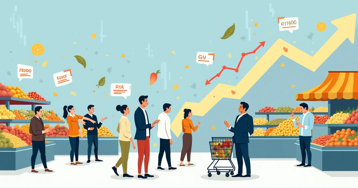 Gráfico mostrando aumento de preços de produtos básicos e investidores preocupados no mercado financeiro.