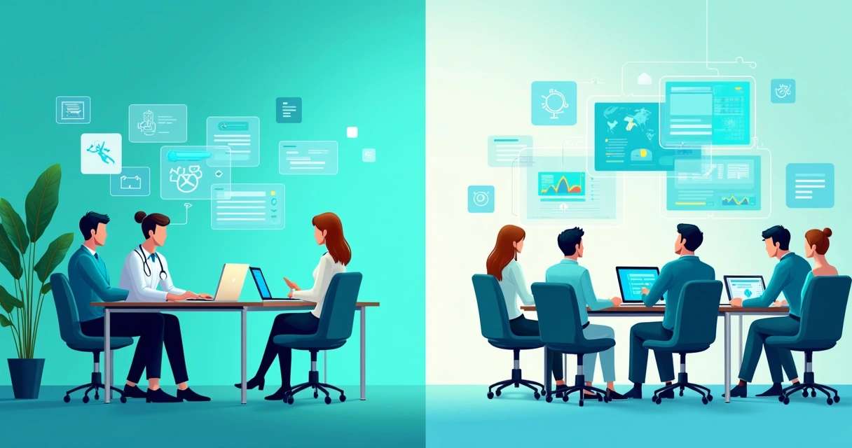 Ambiente corporativo moderno com equipe usando IA para aumentar produtividade e melhorar comunicação, em um escritório iluminado.