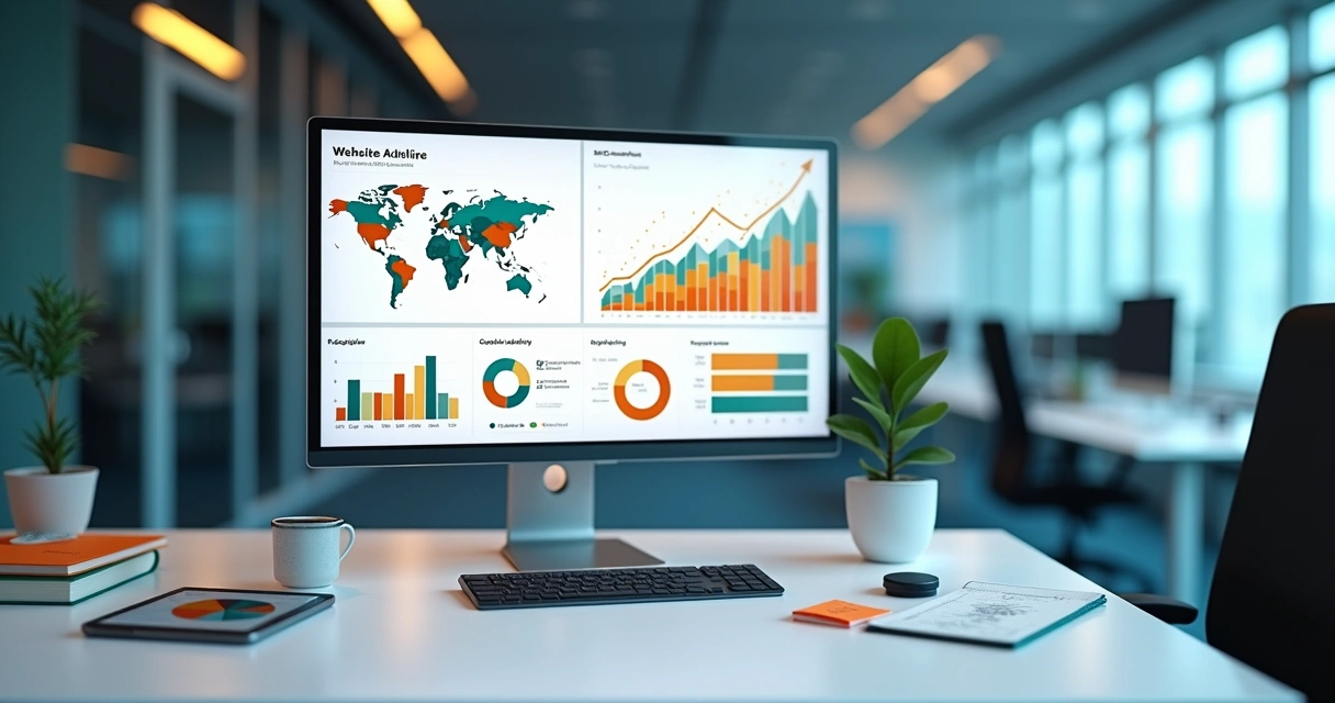 Tela de computador com gráficos de tráfego em alta e mapa destacando visitas por localização 