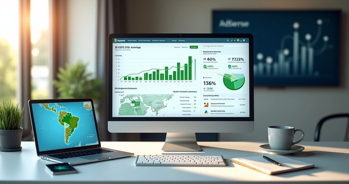Painel de estatísticas de site com gráficos de receita do Google AdSense em alta 