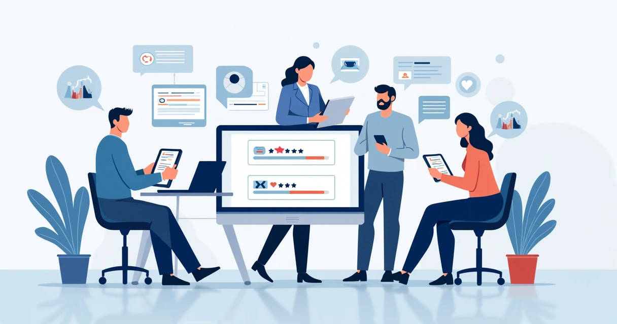 Ilustração flat corporate de pessoas interagindo com dispositivos e respondendo pesquisa NPS em telas digitais 