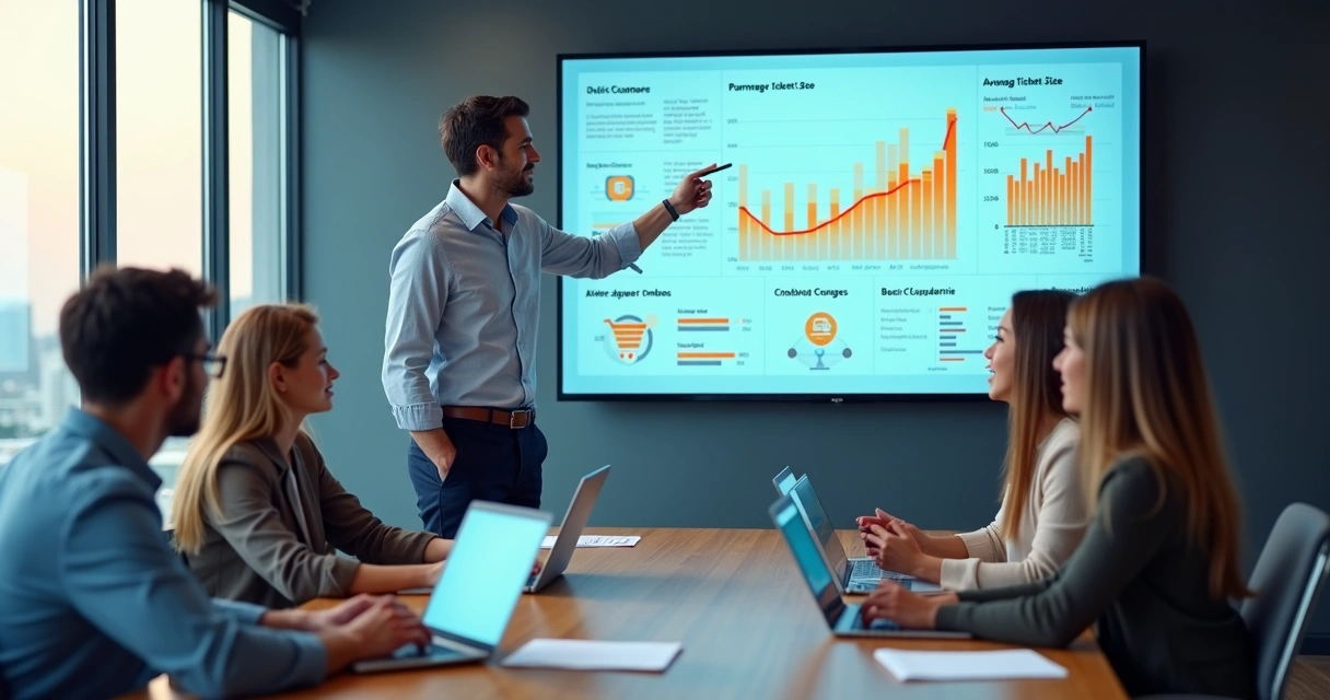 Gestor analisa painel com funil de vendas e diferentes ofertas destacadas 