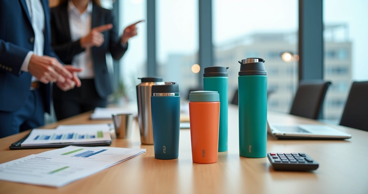 Mesa de reunião com coqueteleiras personalizadas e gráficos de aumento de vendas em tela de notebook 