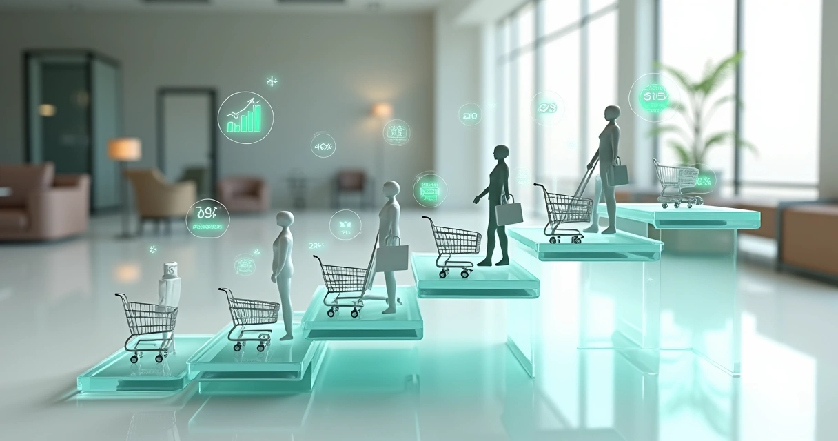 Painel com silhuetas de clientes subindo de degraus com carrinhos e ícones de lucro crescendo 