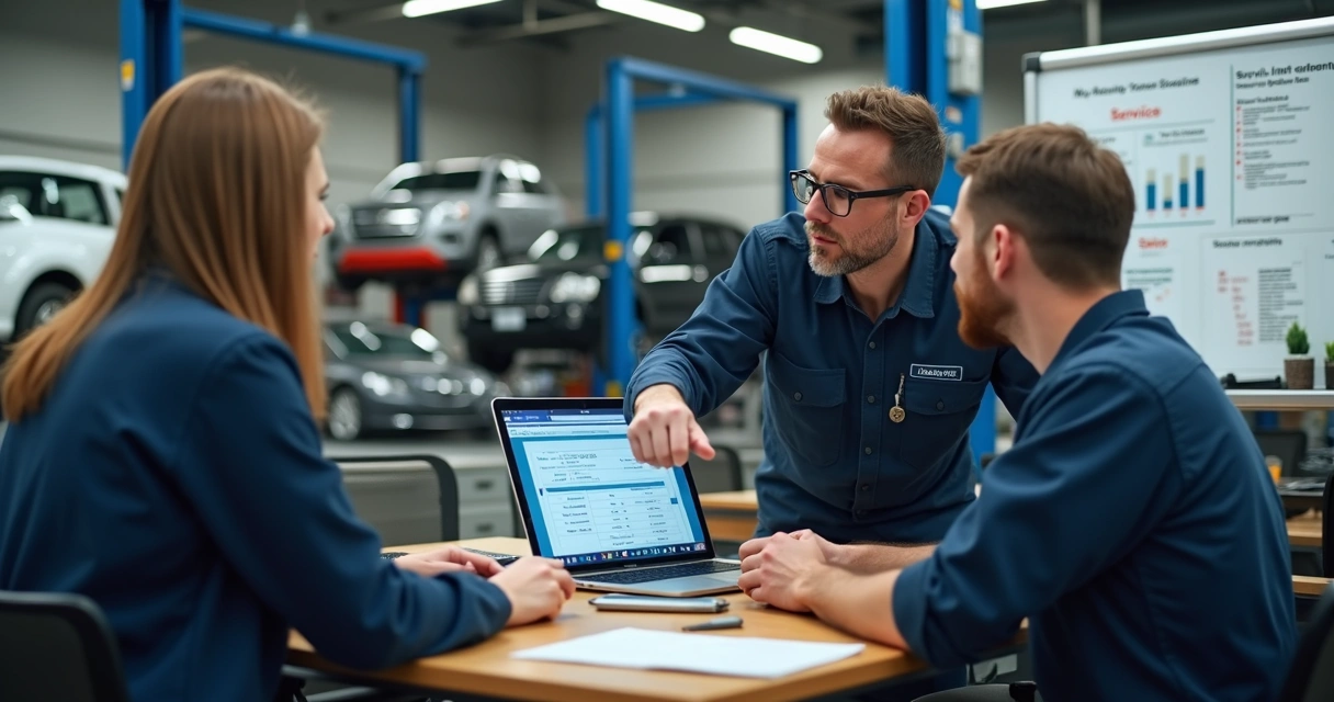 Cliente e mecânico discutindo serviços em oficina com computador e quadro de metas ao fundo 