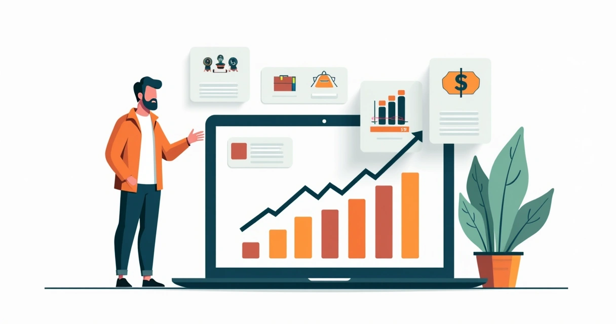 Ilustração de empresário analisando aumento de ticket médio em gráfico de vendas 